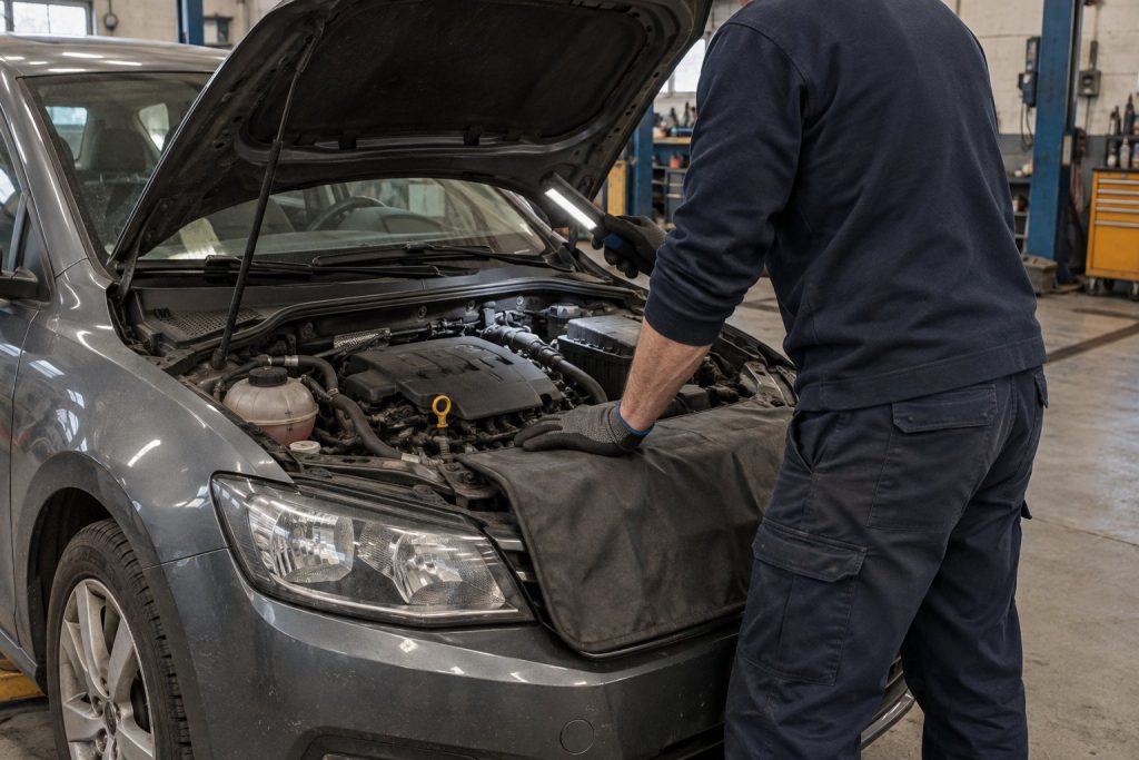 Mechanik sprawdza komorę silnika przy otwartej masce
